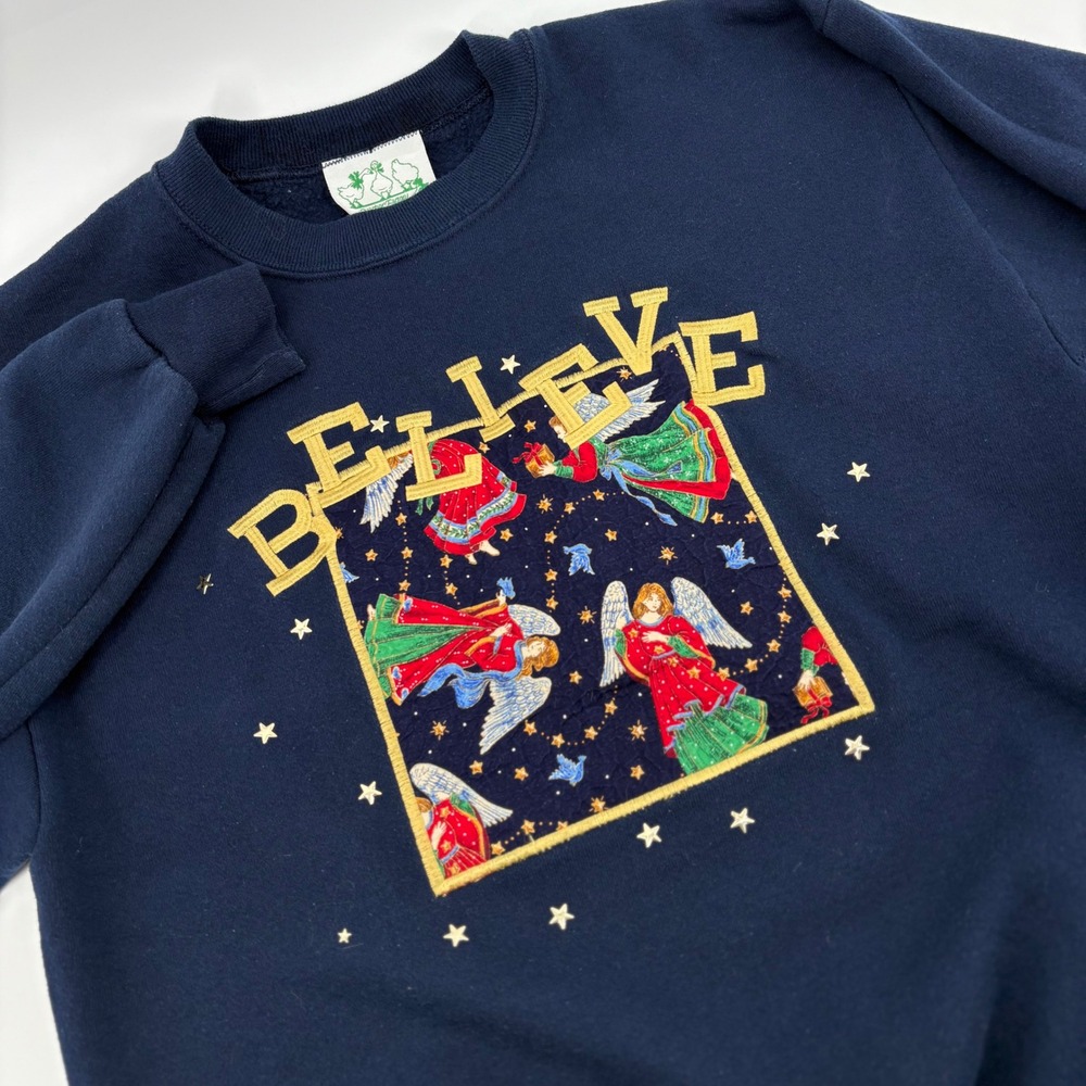 VTG Quaker Factory Womens Sweatshirt‎ Believe Angels Christmas Navy Blue Medium